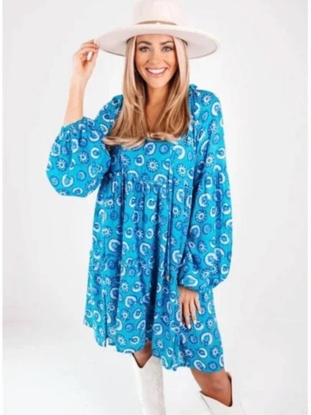 J. Marie Tamara Long Sleeve Dress Blue Floral Block Print